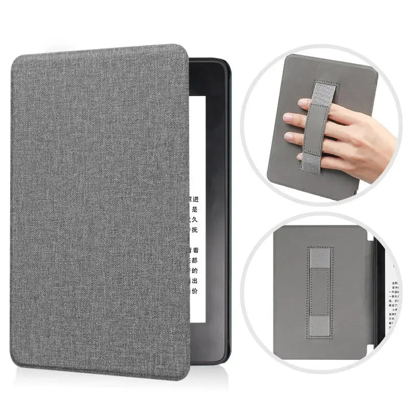 A gray premium leather case for a Kindle Paperwhite device shown in various angles.