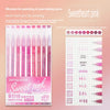 A set of pink painting and journaling pens in various shades, including sweet pink, displayed next to a grid paper.