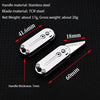 A stainless steel pocket knife showing its dimensions and materials.