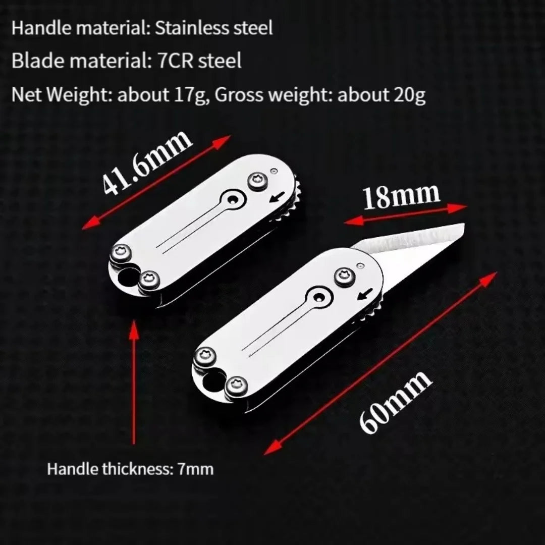 A stainless steel pocket knife showing its dimensions and materials.