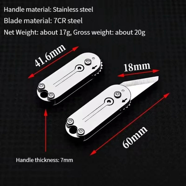 A stainless steel pocket knife showing its dimensions and materials.