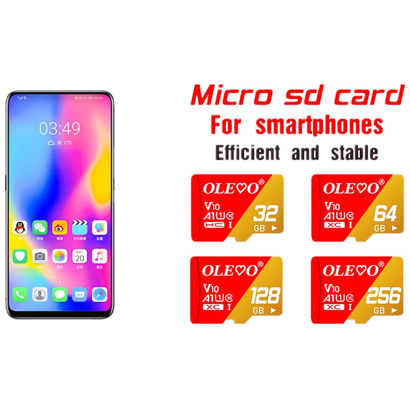 Micro SD card for smartphones with various storage capacities like 32 GB, 64 GB, 128 GB, and 256 GB