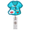A turquoise and blue cartoon medical theme badge reel holder with a heart and cross design.
