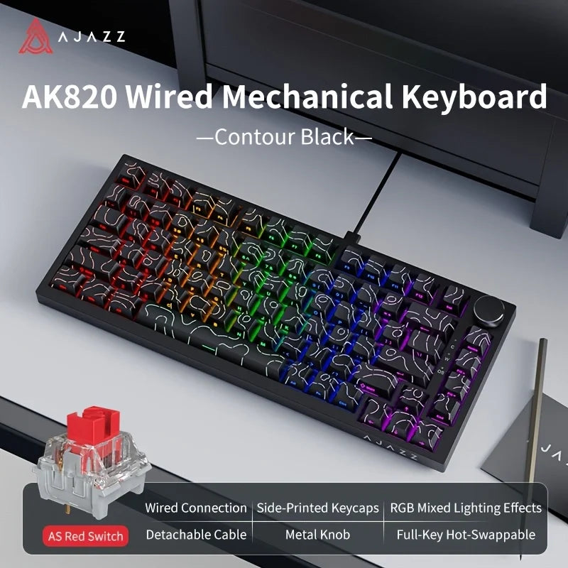 AK820 Wired Mechanical Keyboard in Contour Black showing side-printed keycaps and RGB lighting effects