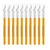 A set of ten precision craft knives with silver blades and gold handles arranged in a row.