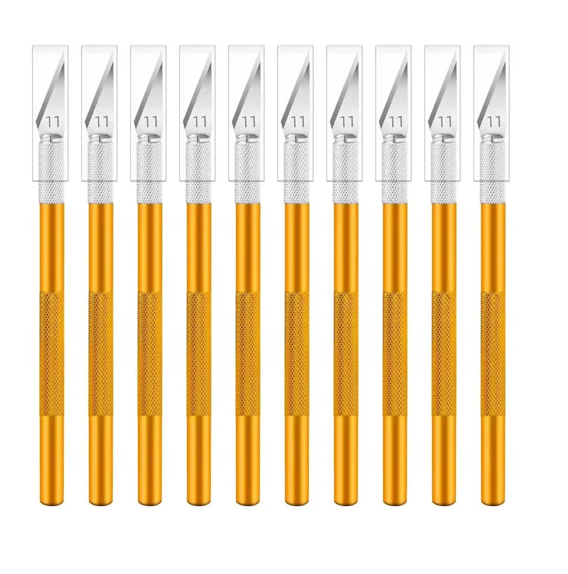 A set of ten precision craft knives with silver blades and gold handles arranged in a row.