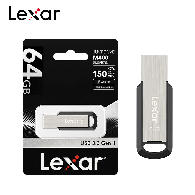 A black packaging box for a Lexar M400 USB drive and the drive itself.