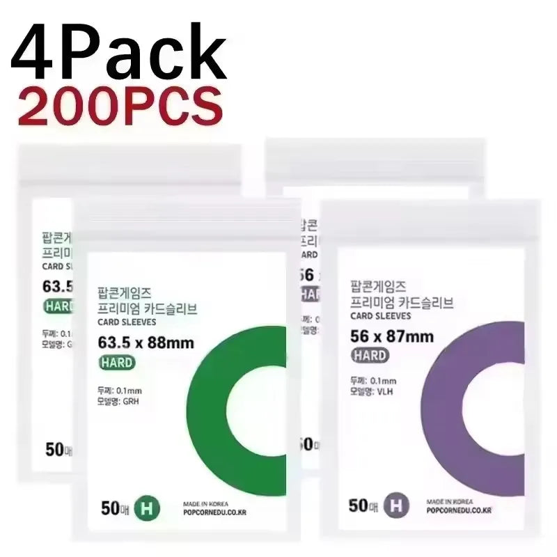 A pack of four transparent protective card sleeves with 200 pieces total, featuring a green and purple color scheme.