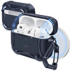 A black magnetic case for AirPods Pro with three white earbuds inside and a circular translucent disc nearby.