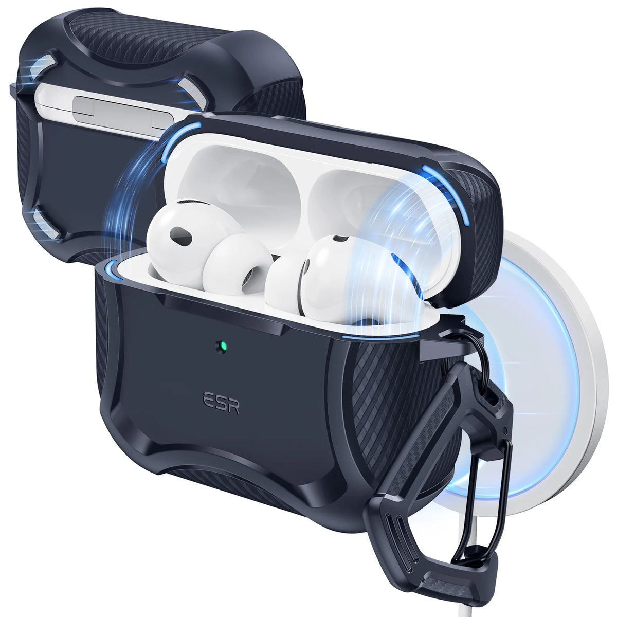 A black magnetic case for AirPods Pro with three white earbuds inside and a circular translucent disc nearby.