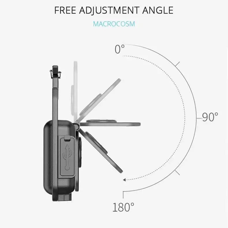 A compact COB keychain flashlight with a magnetic base and rechargeable battery shown in various adjustment angles.