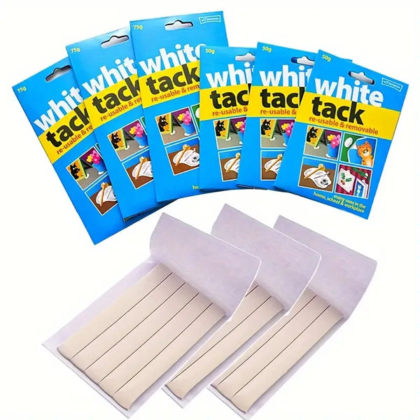 A multipack of white tack reusable and removable sticky adhesive putty in blue packaging.