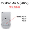 A close-up view of an iPad Air 5 (2022) showing model numbers A2589, A2591, and A2588.