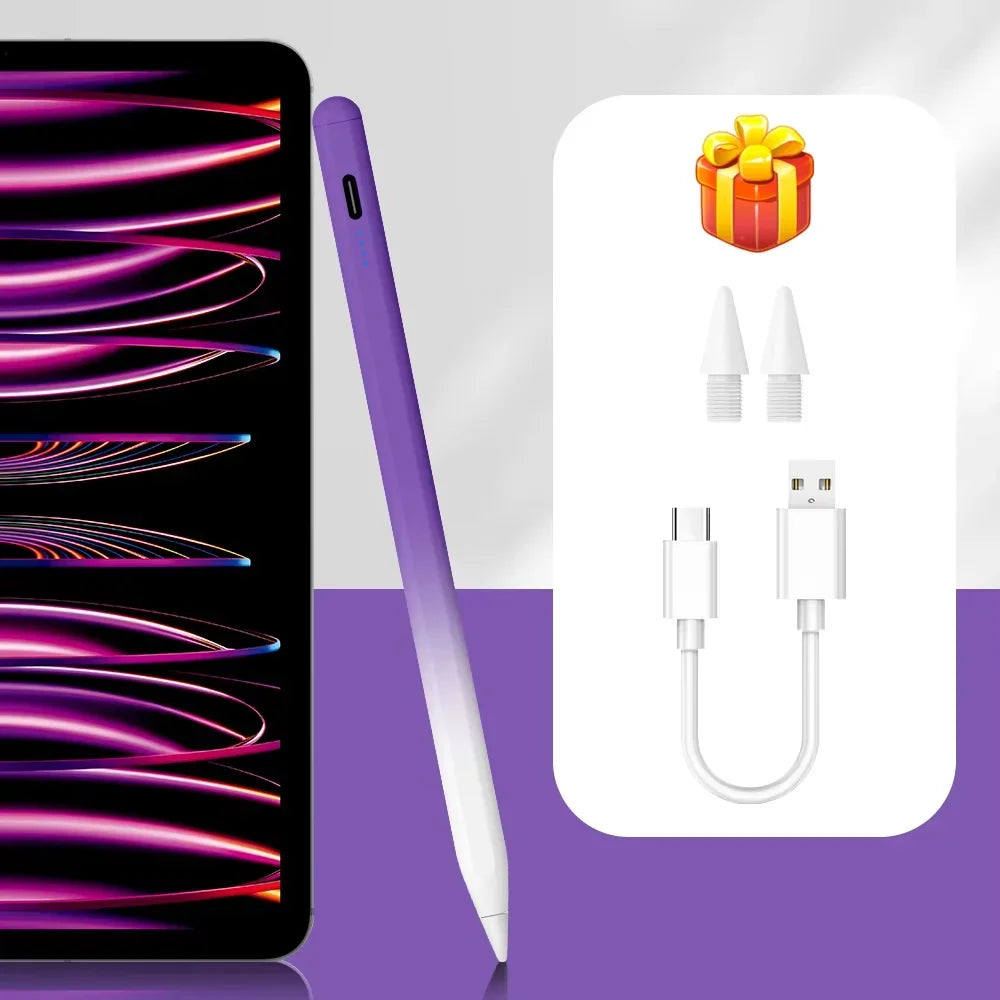 A purple precision stylus pen with an LED indicator and charging cable is shown next to a smartphone display.