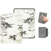 A premium leather case for a Kindle Paperwhite shows a detailed landscape design on the cover and various angles of the produ
