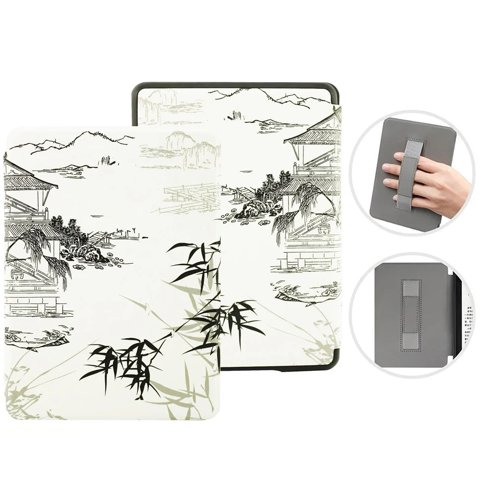A premium leather case for a Kindle Paperwhite shows a detailed landscape design on the cover and various angles of the produ