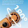 A close-up view of a portable handheld cooling fan with an orange casing and a rotating fan head.