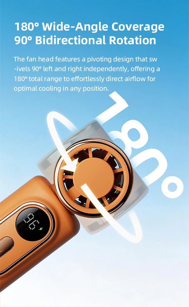 A close-up view of a portable handheld cooling fan with an orange casing and a rotating fan head.