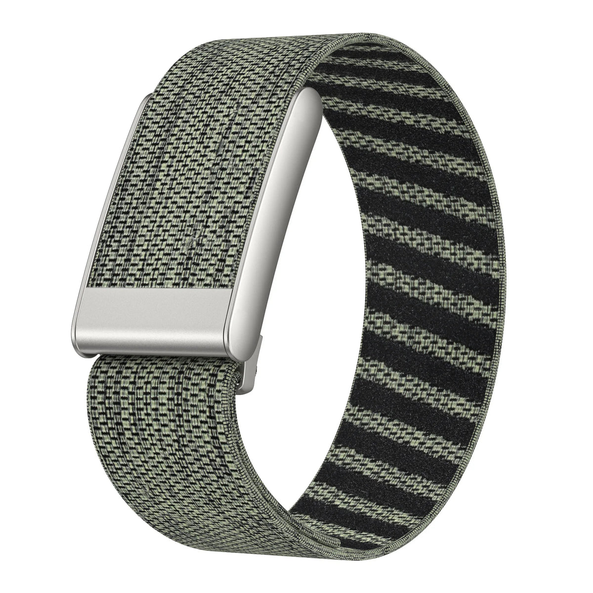 A close-up of a dark green and black striped nylon braided strap for a fitness watch.