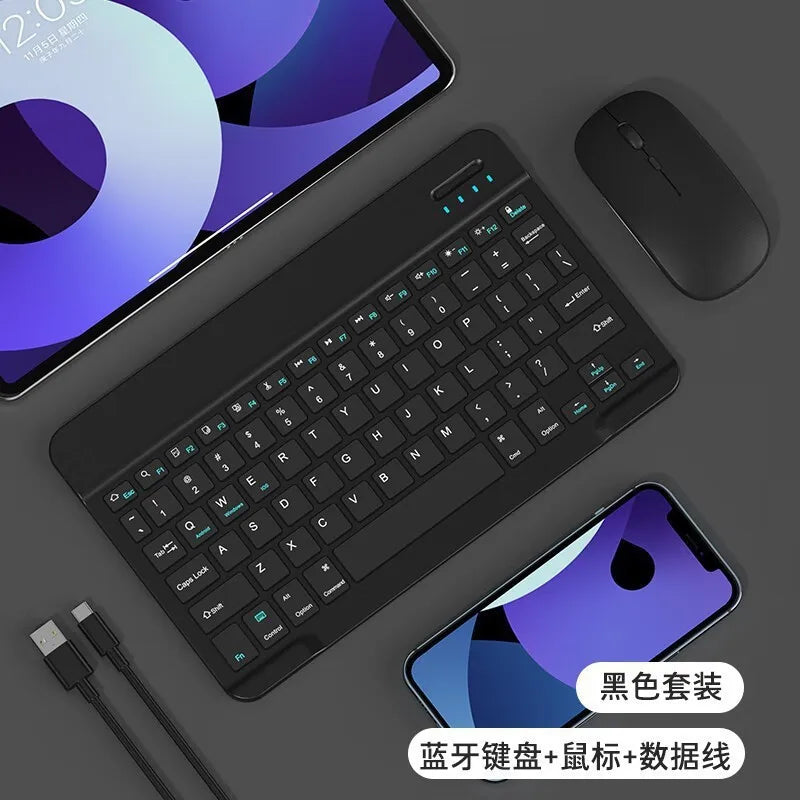 A black 10-inch Bluetooth keyboard and mouse combo with a smartphone shown in a product display.