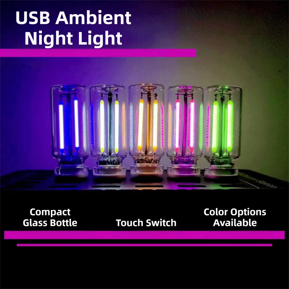 A set of five glass light bulbs with various colored LED lights displayed on a dark surface.
