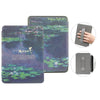 A dark purple and green patterned leather case for a Kindle Paperwhite device shown with accessory details.