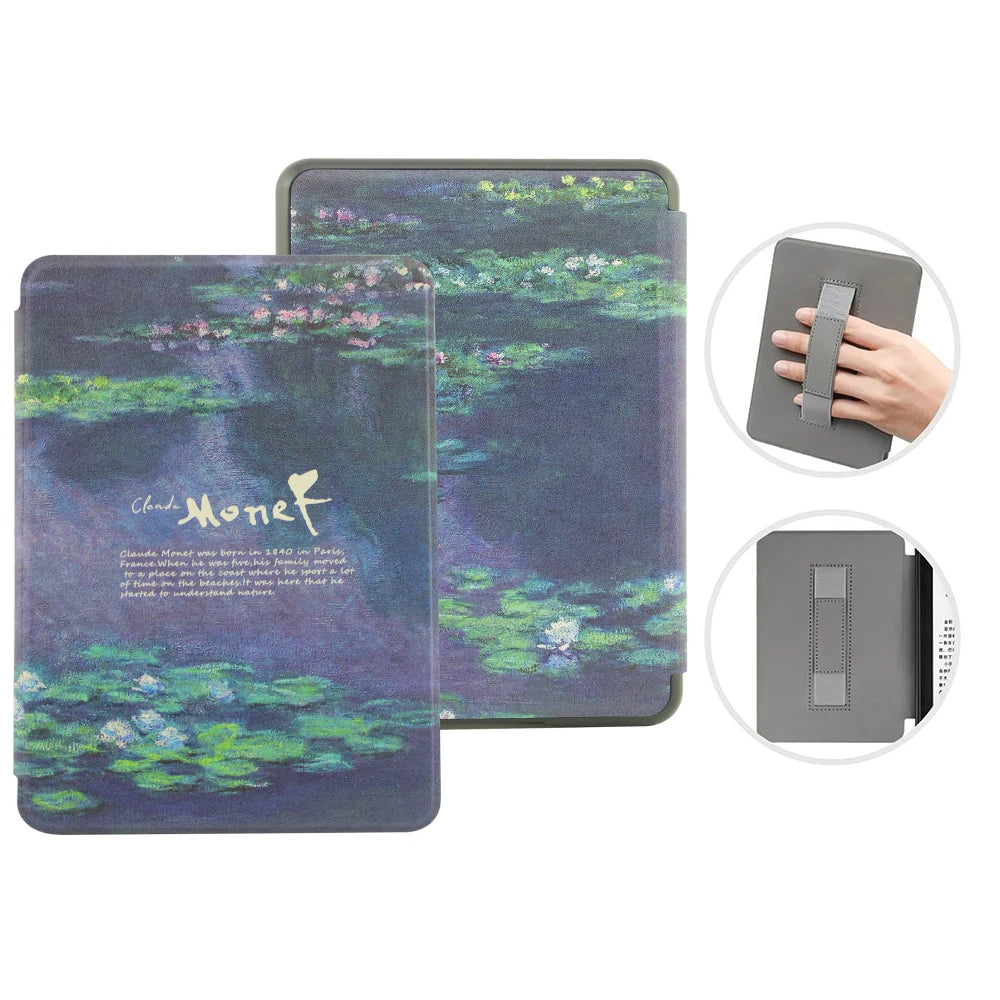 A dark purple and green patterned leather case for a Kindle Paperwhite device shown with accessory details.