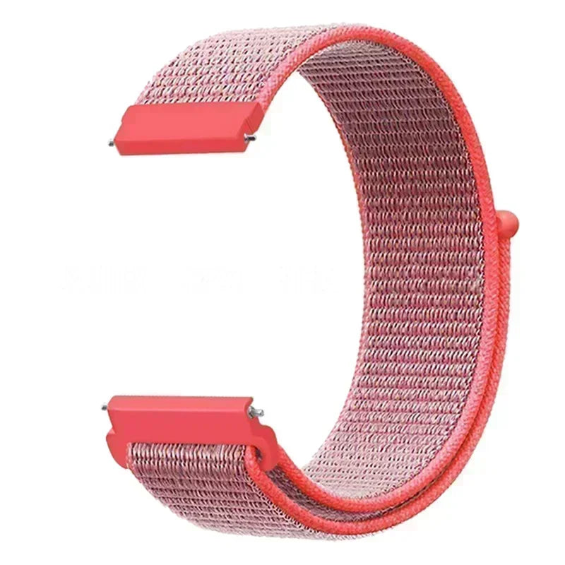 A pink nylon loop watch strap for a kid's watch, shown in a curved shape.