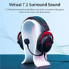A white gaming headset with red accents is shown against a blue background, illustrating 7.1 surround sound.