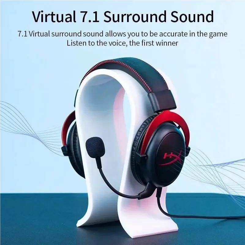 A white gaming headset with red accents is shown against a blue background, illustrating 7.1 surround sound.