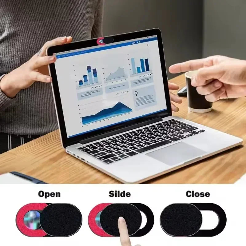 Close up view of universal camera privacy sliders for mobile and laptop devices