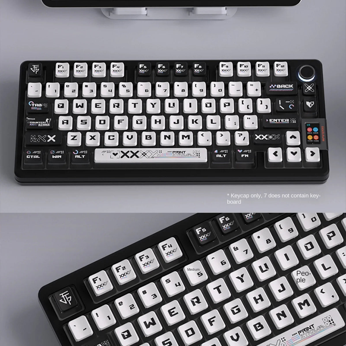 A close-up view of a black mechanical keyboard featuring transparent pudding style PBT keycaps for CSGO gaming.