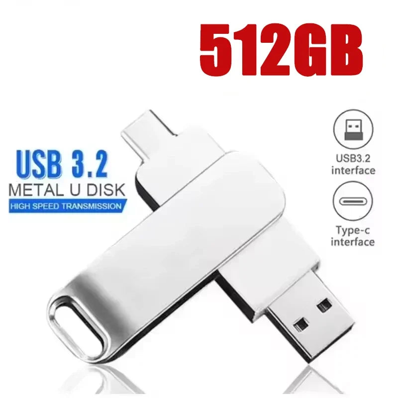 Silver metal USB 3.2 flash drive with a Type-C interface and 512GB storage capacity