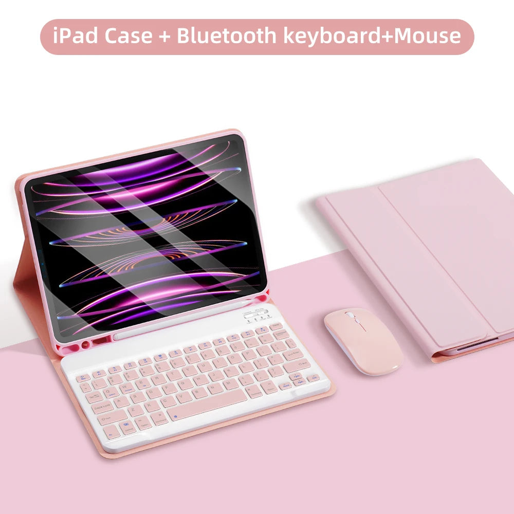 A pink iPad case is shown open, with a Bluetooth keyboard and mouse accessory placed next to it.