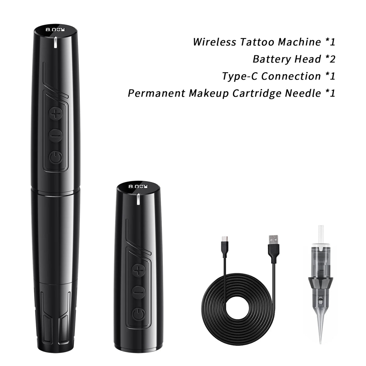Kit de máquina de tatuaje inalámbrica negra mostrando el cuerpo principal, la cabeza de la batería y el cable de conexión Tip