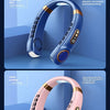 A showcase of two portable bladeless neck fans, one in deep navy blue and one in light pink.