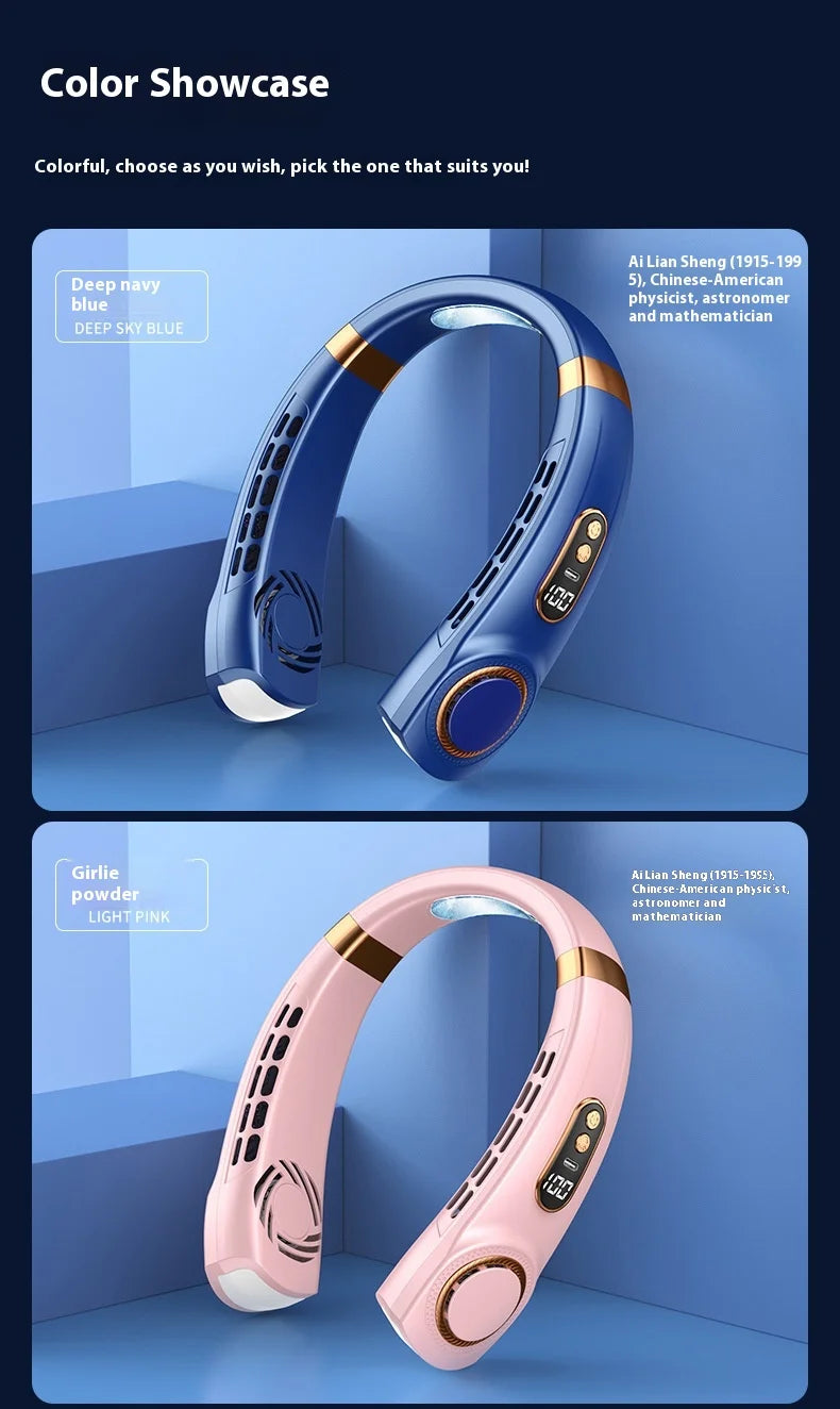 A showcase of two portable bladeless neck fans, one in deep navy blue and one in light pink.