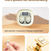 A close-up of white mini Bluetooth earphones showing a transparent charging compartment and an upgraded chip.