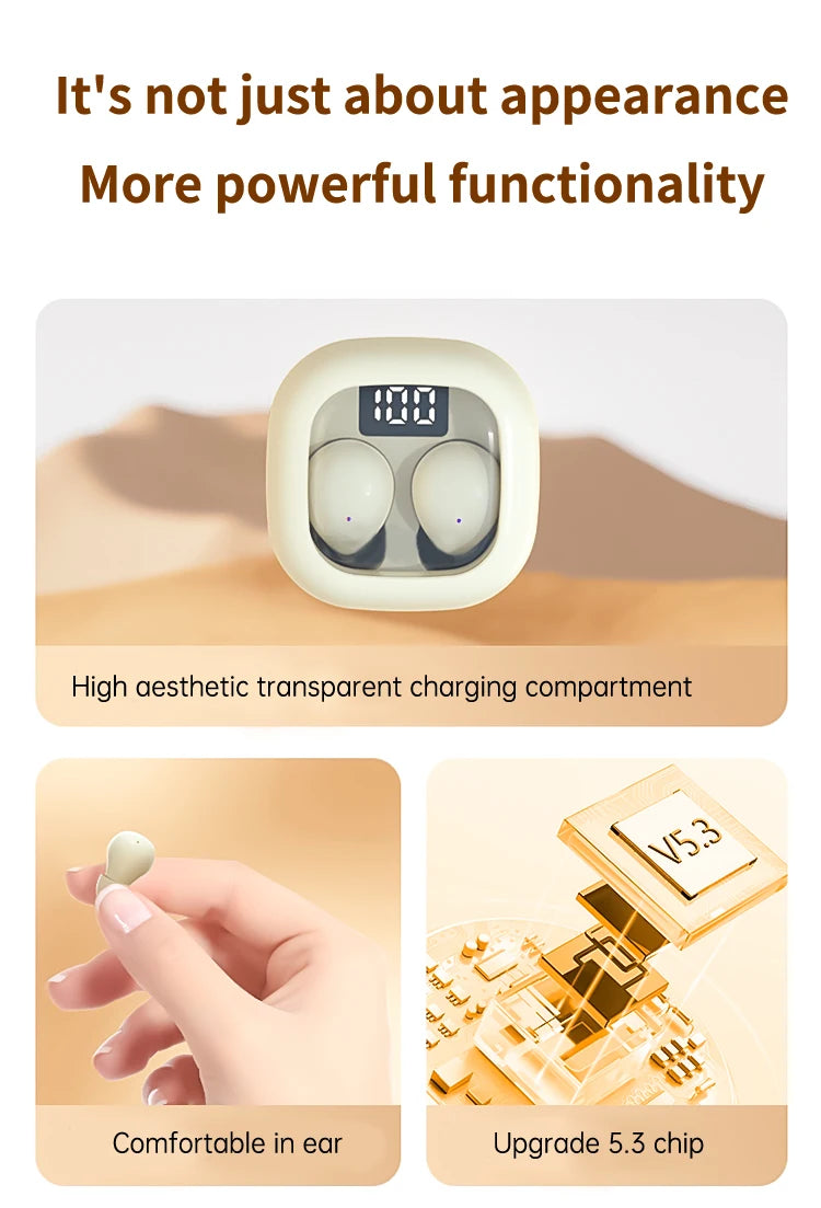 A close-up of white mini Bluetooth earphones showing a transparent charging compartment and an upgraded chip.