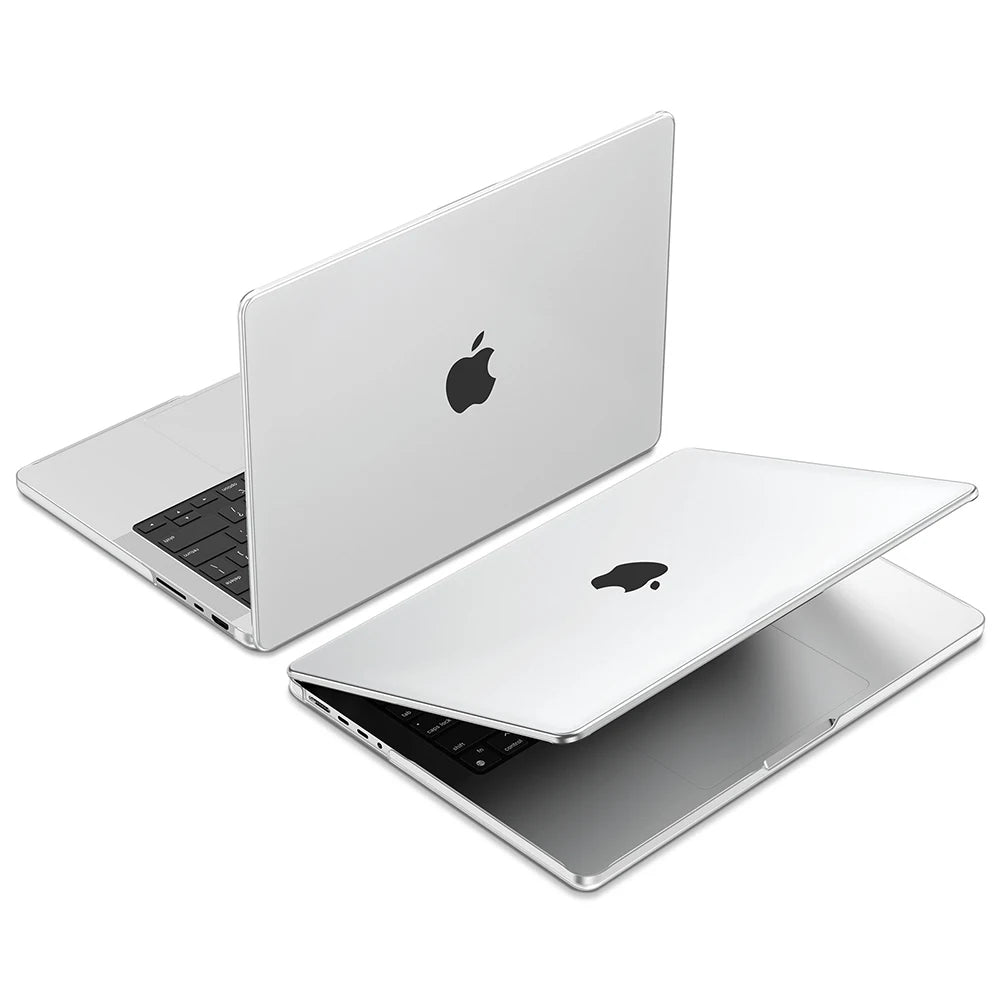 A silver slim protective case is shown open, displaying a MacBook Pro or Air laptop.