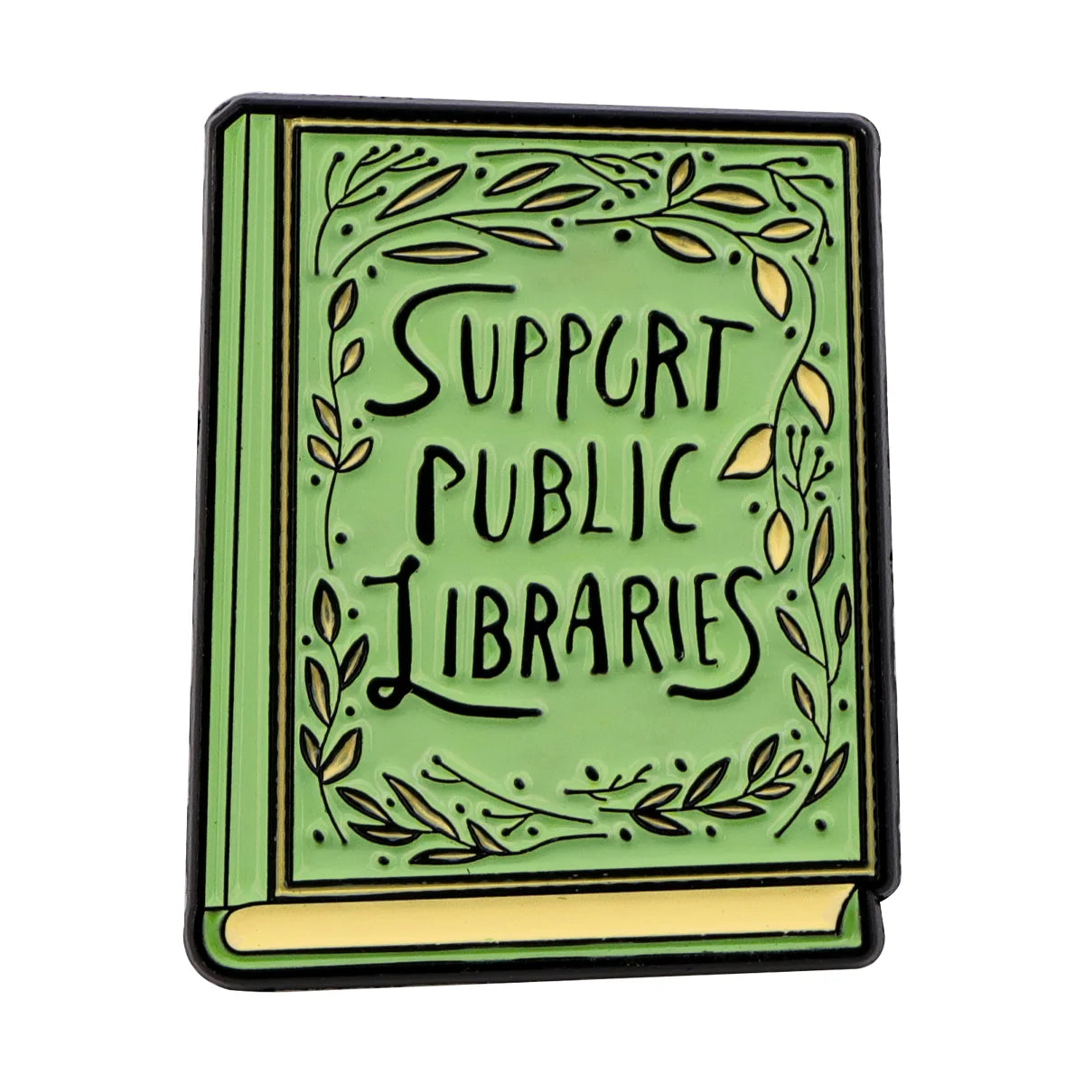 A green enamel lapel pin shaped like an open book with the words Support Public Libraries engraved on the cover.