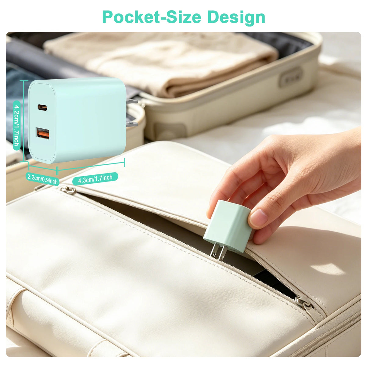 A pocket-size USB-C fast charging cable is shown inside a light-colored leather pouch.