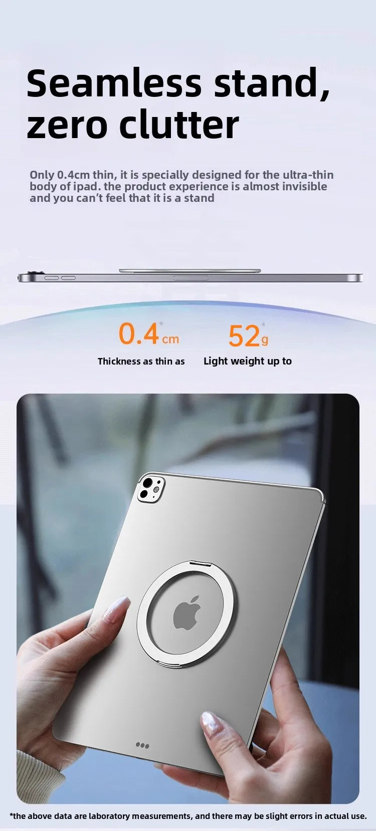 A hand holds a silver tablet with an Apple logo on a light gray background, demonstrating the seamless stand feature.