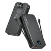 A black 20000mAh power bank with a built-in AC plug and dual cables shown from the side.