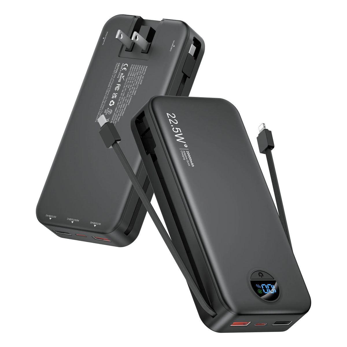 A black 20000mAh power bank with a built-in AC plug and dual cables shown from the side.