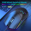 A close-up view of an S500 wired gaming mouse with seven-color mixed color luminous accents on a dark surface.