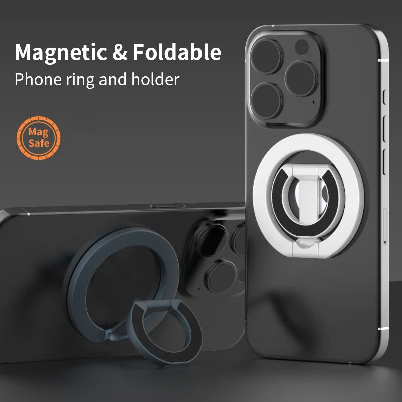 A black smartphone with a magnetic and foldable phone ring and holder attached.