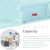Light blue hand-held pencil box with elastic loop and multiple compartments for storing pens pencils and rulers