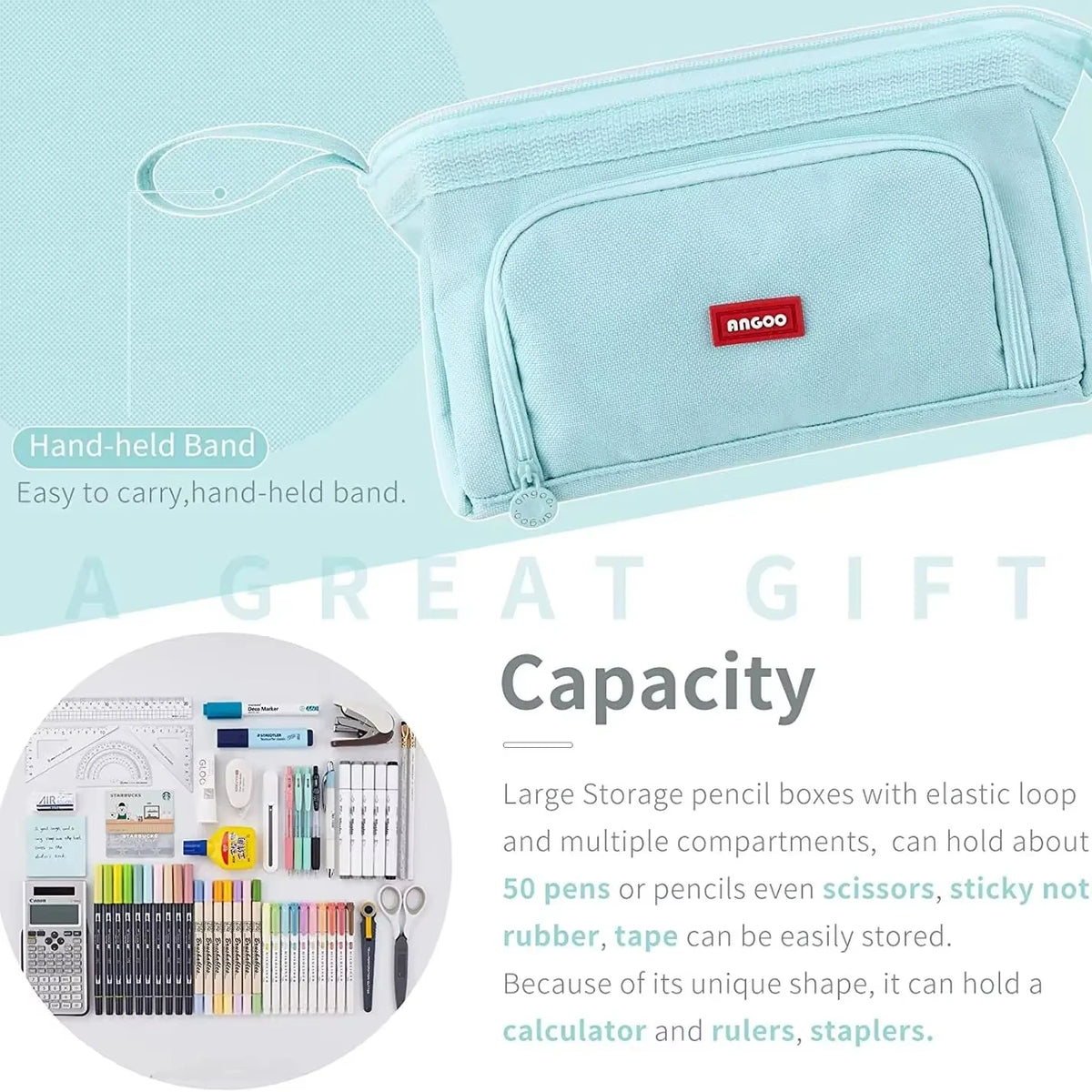 Light blue hand-held pencil box with elastic loop and multiple compartments for storing pens pencils and rulers