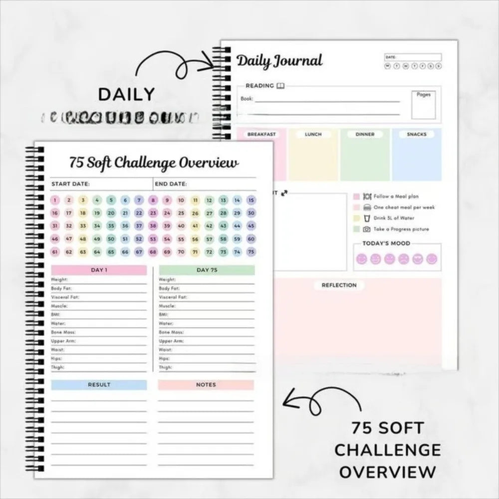 A daily journal notebook with pages for tracking and reflection, featuring a title Daily Journal.